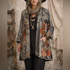 ANU Embroidered Open Front Long Line Multi-Print Wool Cardigan oversized small